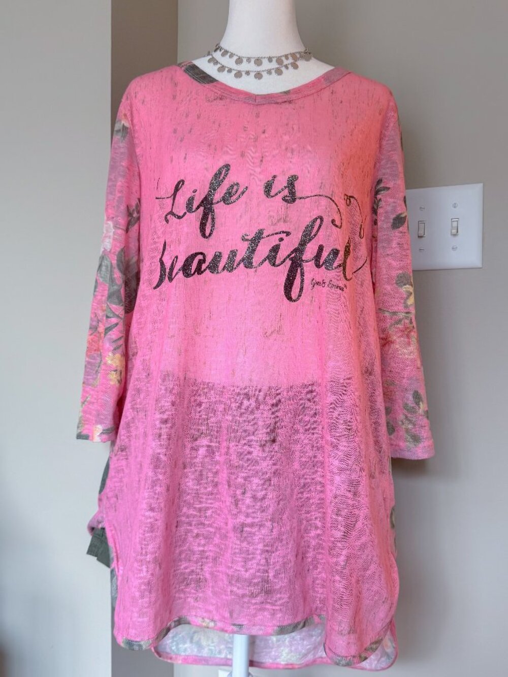 Grace & Emma Pink Sheer Life is Beautiful Tunic - Size Large